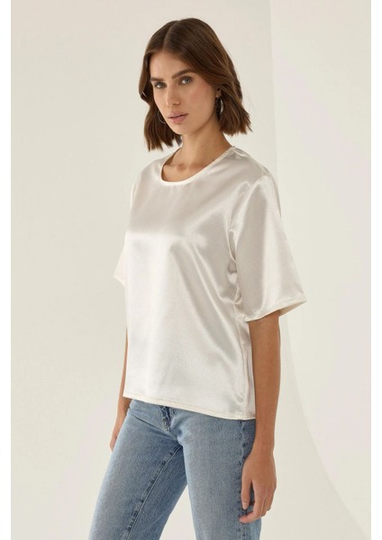 Kadın Saten Bisiklet Yaka Bluz Natural