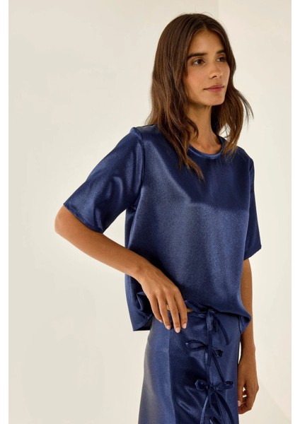 Kadın Saten Bisiklet Yaka Bluz Blue