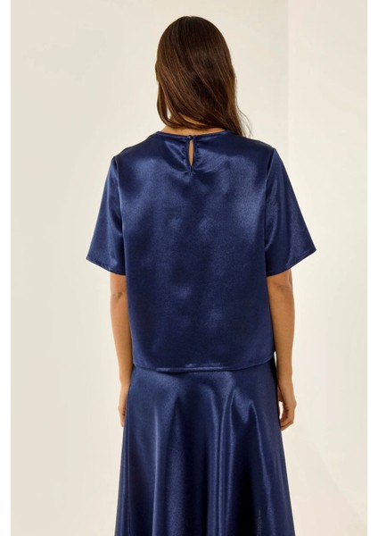 Kadın Saten Bisiklet Yaka Bluz Blue