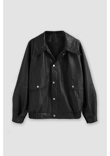 Kadın Oversize Çift Cepli Suni Deri Ceket Siyah
