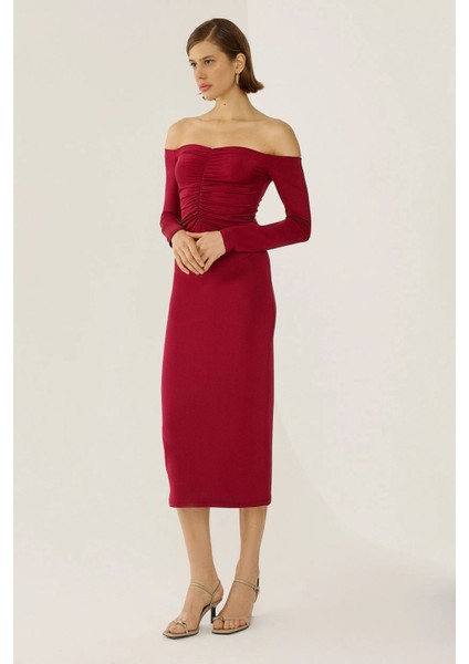 Kadın Açık Omuzlu Midi Elbise Red