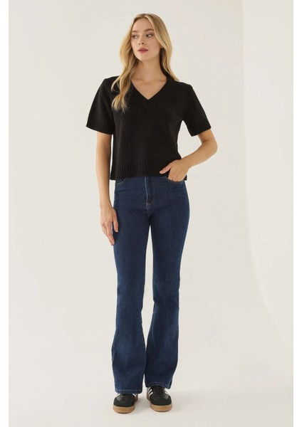 Kadın Kısa Kollu V-Yaka Örgü Kazak Siyah