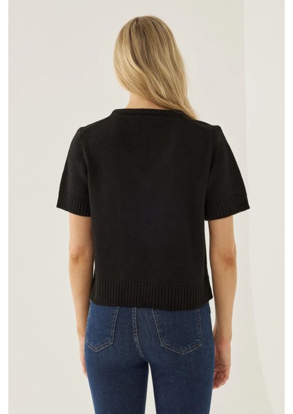 Kadın Kısa Kollu V-Yaka Örgü Kazak Siyah