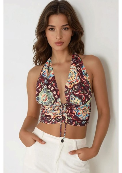 Kadın Etnik Desenli Kısa Tank Top Multicolor