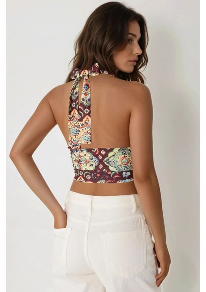 Kadın Etnik Desenli Kısa Tank Top Multicolor