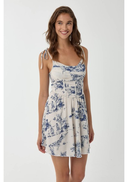 Kadın Desenli Mini Elbise Blue