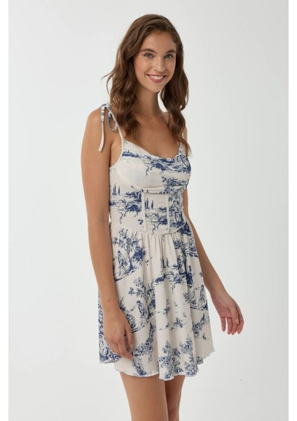 Kadın Desenli Mini Elbise Blue