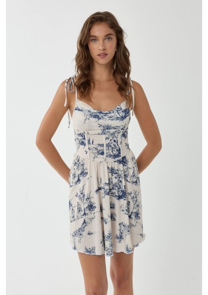 Kadın Desenli Mini Elbise Blue