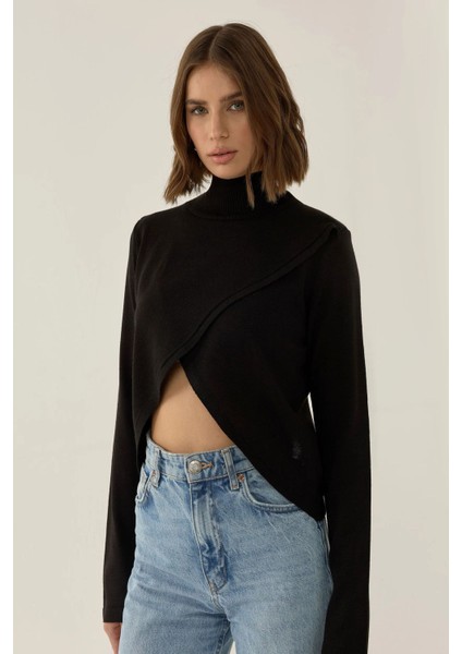 Kadın Asimetrik Turtleneck Triko Kazak Black