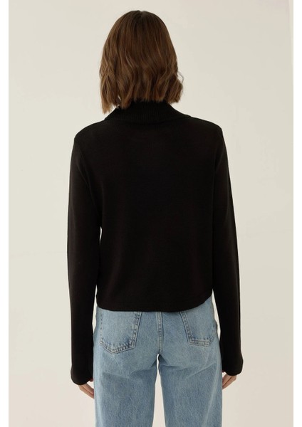 Kadın Asimetrik Turtleneck Triko Kazak Black