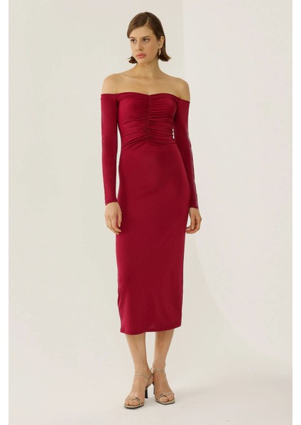 Kadın Açık Omuzlu Midi Elbise Red