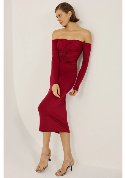 Kadın Açık Omuzlu Midi Elbise Red