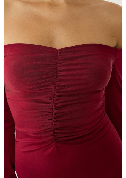 Kadın Açık Omuzlu Midi Elbise Red