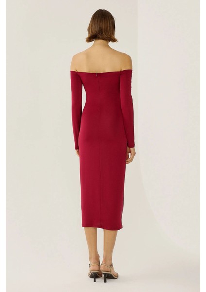 Kadın Açık Omuzlu Midi Elbise Red
