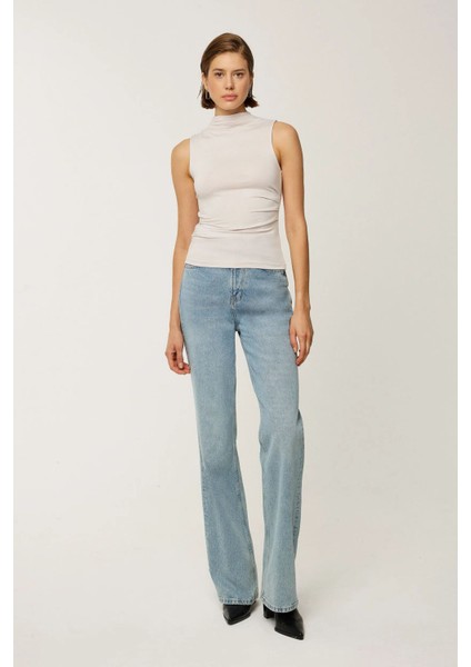 Kadın Drapeli Sıfır Kol Bluz Natural