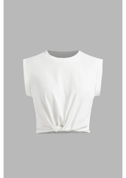 Kadın Basic Yuvarlak Yaka Kısa Tişört Tozlu Beyaz