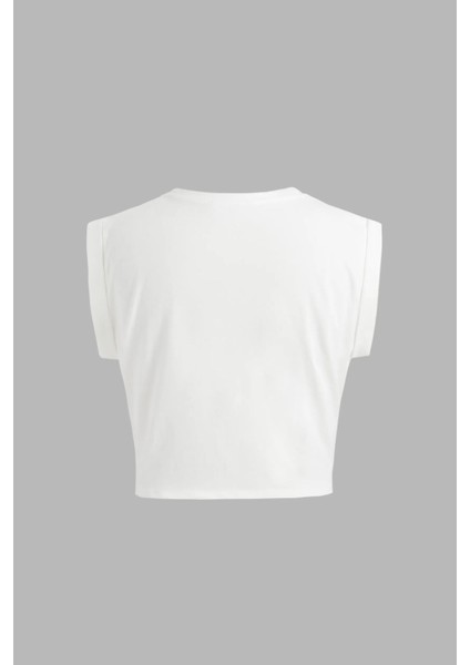 Kadın Basic Yuvarlak Yaka Kısa Tişört Tozlu Beyaz