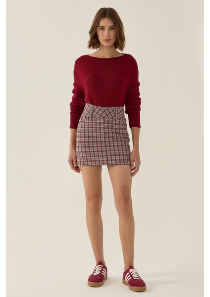 Kadın Ekose Mini Etek Red