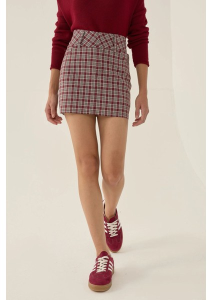 Kadın Ekose Mini Etek Red