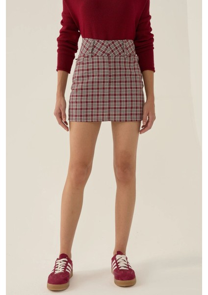 Kadın Ekose Mini Etek Red