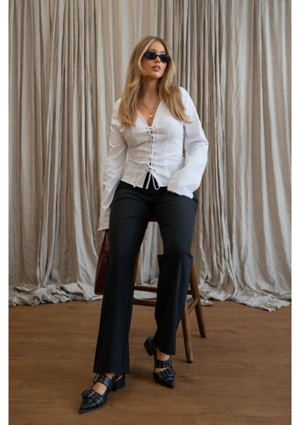 Kadın Lainey Bağcıklı Beyaz Gömlek Tozlu Beyaz