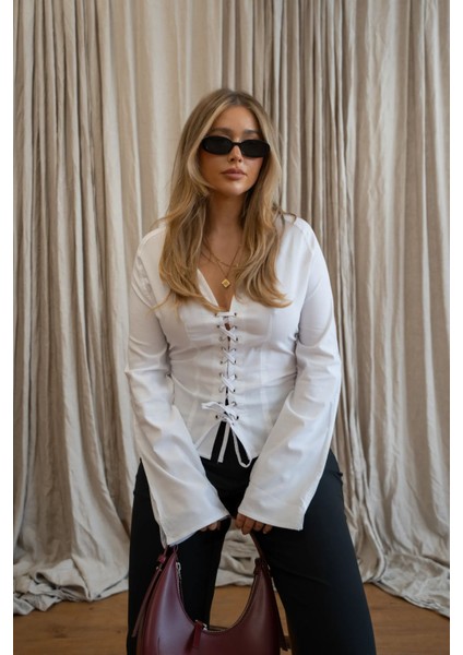 Kadın Lainey Bağcıklı Beyaz Gömlek Tozlu Beyaz