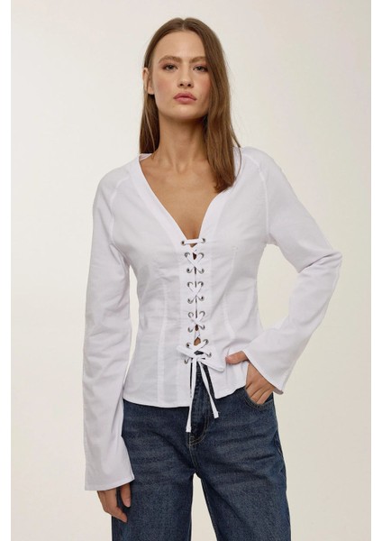 Kadın Lainey Bağcıklı Beyaz Gömlek Tozlu Beyaz