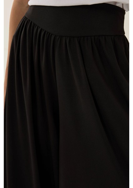 Kadın Yüksek Bel Pliseli Wide Leg Örme Pantolon Siyah
