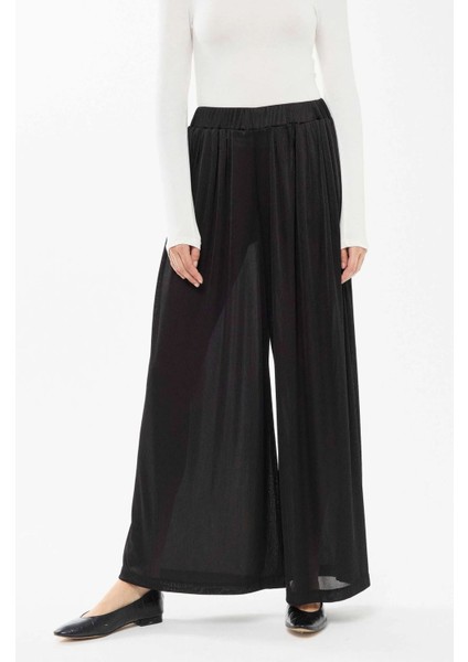Kadın Geniş Paça Lastikli Pantolon Siyah