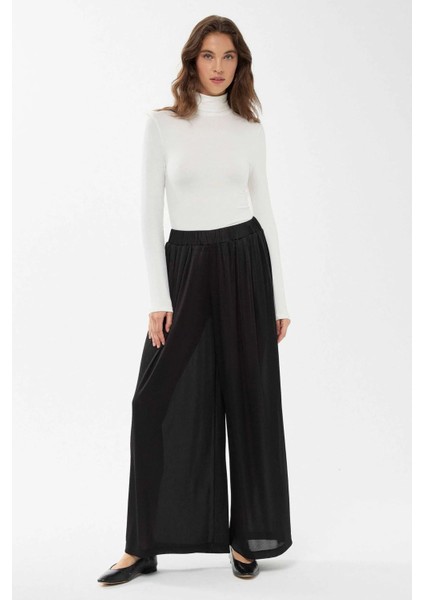 Kadın Geniş Paça Lastikli Pantolon Siyah
