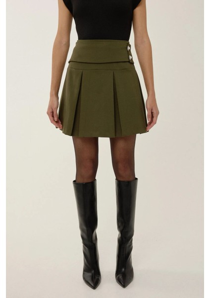 Kadın İnci Detaylı Pileli Mini Etek Green
