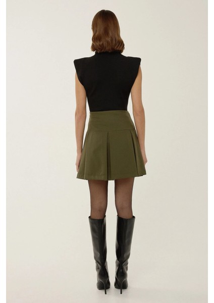 Kadın İnci Detaylı Pileli Mini Etek Green