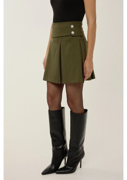 Kadın İnci Detaylı Pileli Mini Etek Green