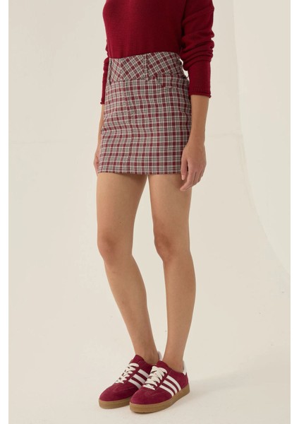 Kadın Ekose Mini Etek Red