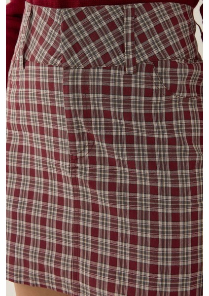 Kadın Ekose Mini Etek Red