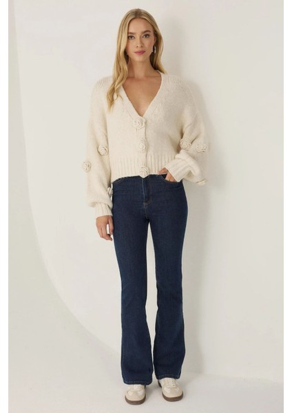 Kadın Çiçek Desenli Oversize V Yaka Hırka Natural