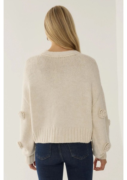 Kadın Çiçek Desenli Oversize V Yaka Hırka Natural