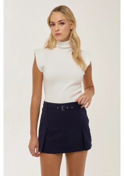 Kadın Kemerli Mini Şort Etek Blue