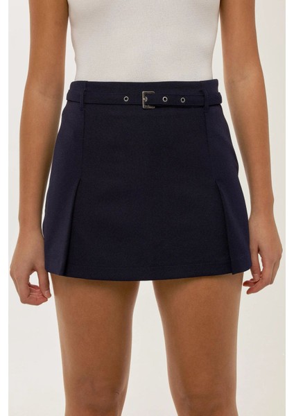 Kadın Kemerli Mini Şort Etek Blue