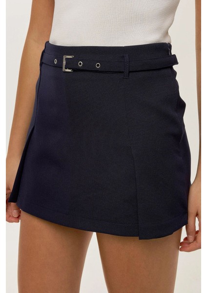 Kadın Kemerli Mini Şort Etek Blue