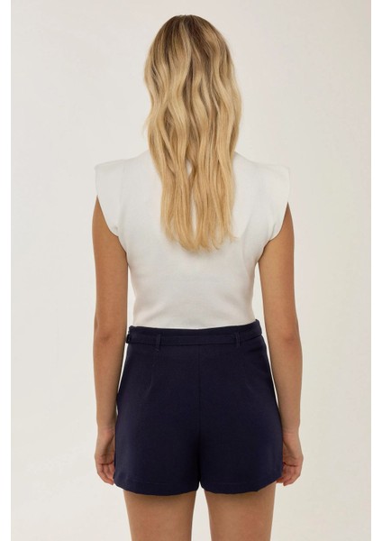 Kadın Kemerli Mini Şort Etek Blue