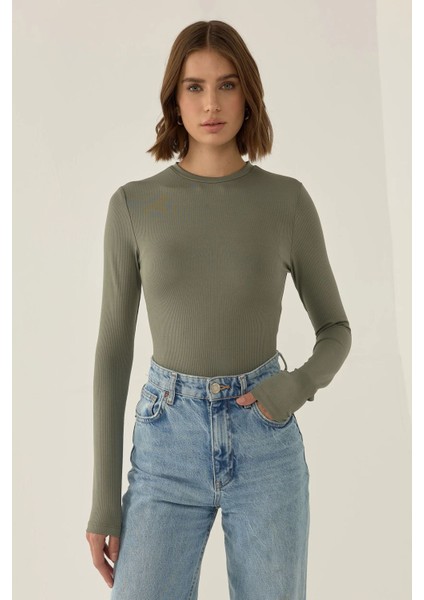 Kadın Dar Kesim Uzun Kollu Bisiklet Yaka Bodysuit Green