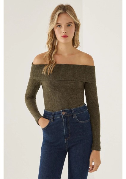 Kadın Off Shoulder Örme Üst Green