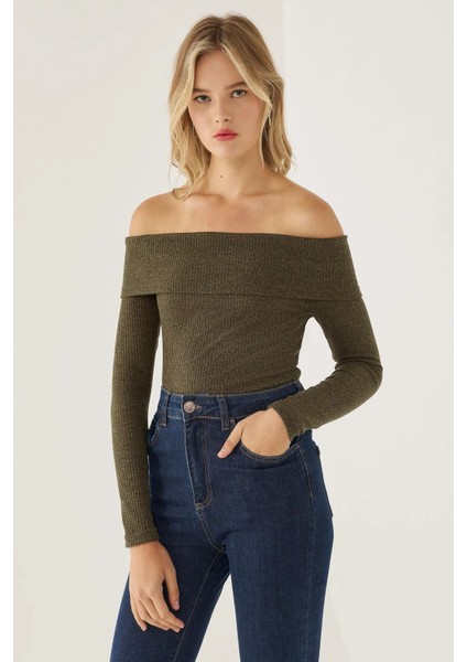Kadın Off Shoulder Örme Üst Green