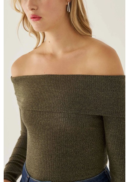 Kadın Off Shoulder Örme Üst Green