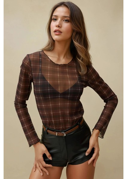 Kadın Desenli Bisiklet Yaka Top Brown