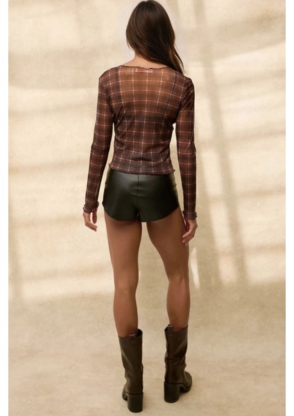 Kadın Desenli Bisiklet Yaka Top Brown