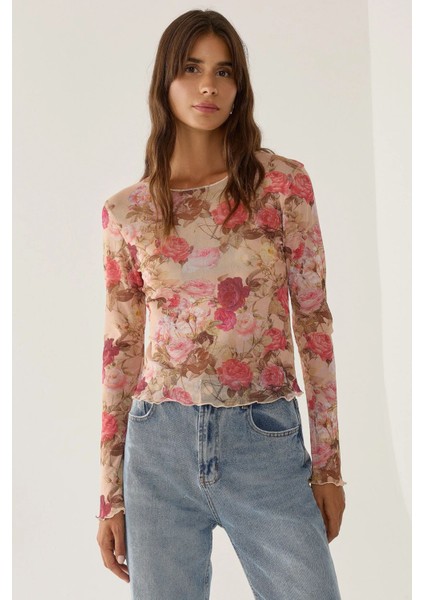 Kadın Desenli Bisiklet Yaka Top Pink