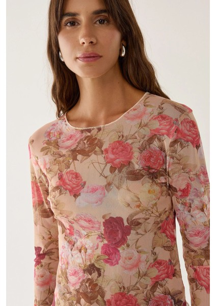 Kadın Desenli Bisiklet Yaka Top Pink