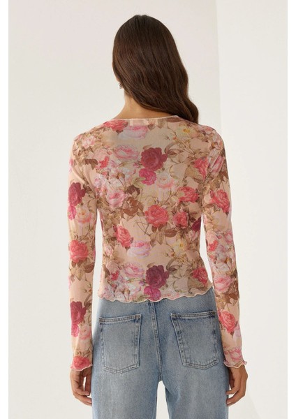 Kadın Desenli Bisiklet Yaka Top Pink